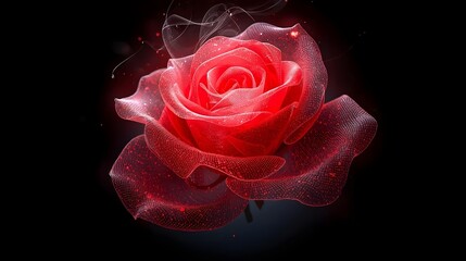 Digital artwork of a glowing abstract red rose with intricate layered petals on a black background.