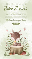 Watercolor baby shower cute animal deer baby girl boy poster template card invitation