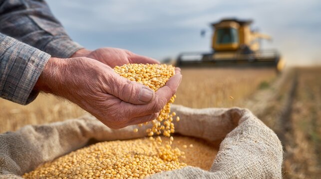 A farmer holds grains in hands, showcasing the harvest against a backdrop of agricultural machinery in a vast field.
