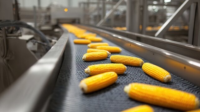 A close-up view of corn cobs moving along a conveyor belt in a processing facility, highlighting the industrial aspects of food production.