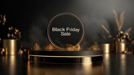 Black friday sale text in golden circle above platform with gold accents and dark background