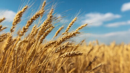 Golden wheat sways gently in a sunny field, under a bright blue sky with fluffy clouds, symbolizing agricultural abundance.
