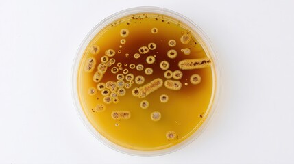 A circular petri dish filled with a golden-brown substance, showcasing various bacterial colonies growing in a liquid medium.