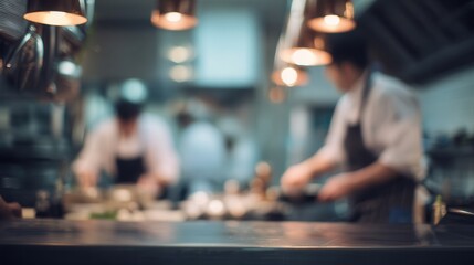 A blurred kitchen scene showcasing chefs in action, highlighting the dynamic atmosphere of a culinary environment.