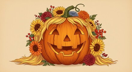 Festive halloween pumpkin with floral crown on beige background