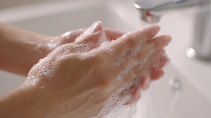 Hands are being washed with soap and water, creating bubbles, highlighting hygiene practices.