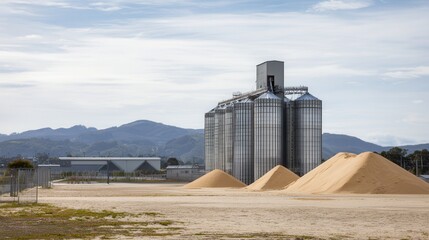 A large grain storage facility with silos and sand piles under a cloudy sky, surrounded by mountains and an industrial landscape.