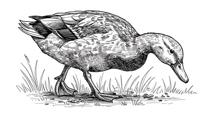 Detailed pen and ink illustration of a foraging duck on a grassy surface