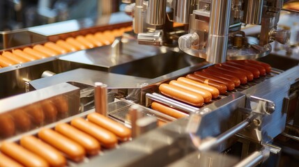 A close-up of a food processing line showcasing automated machinery producing hot dogs on a conveyor belt in a factory setting.