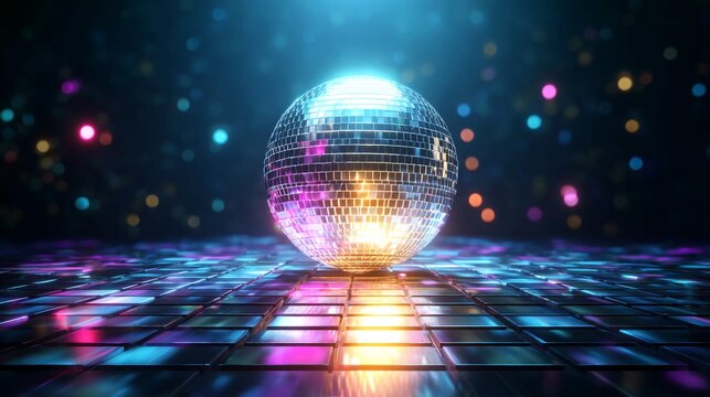Get ready to groove with this vibrant disco ball casting a captivating glow on the dance floor, perfect for nightlife promotions, retro themed events, or sparking joy and celebration