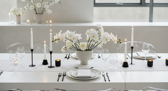 Elegant dining table set with white flowers and candles in a modern interior