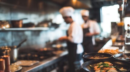 A bustling kitchen scene with chefs preparing dishes, showcasing vibrant food and kitchen equipment in a professional culinary environment.