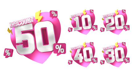 3D Pink with heart love Discount Labels Badge 10 20 30 40 50 Percent Off Transparent Background for Ramadhan, christmas and other event sale