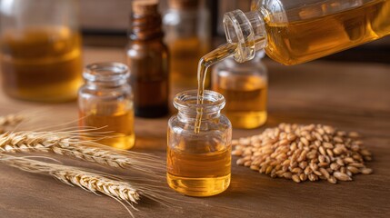 A bottle is pouring golden oil into a small jar, surrounded by glass containers and wheat grains on a wooden surface.