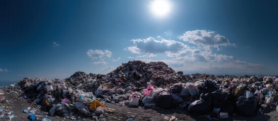 A panoramic view of a large garbage dump under a bright sky, showcasing heaps of trash and plastic waste against a backdrop of clouds and sunlight.