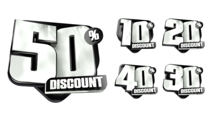 3D Black Discount Labels Badge 10 20 30 40 50 Percent Off with Transparent Background for Ramadhan, christmas and other event sale