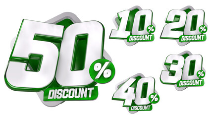 3D Green Discount Labels Badge 10 20 30 40 50 Percent Off with Transparent Background for Ramadhan, christmas and other event sale