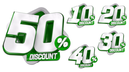 3D Green Discount Labels Badge 10 20 30 40 50 Percent Off with Transparent Background for Ramadhan, christmas and other event sale