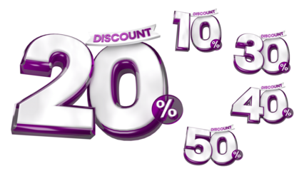 3D Purple Discount Labels Badge 10 20 30 40 50 Percent Off with Transparent Background for Ramadhan, christmas and other event sale