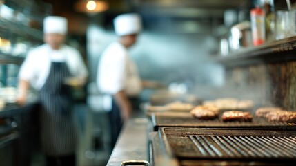 Chefs grilling burgers in a busy kitchen, with smoke rising and a focus on the grill, creating a lively culinary atmosphere.