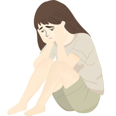 Illustration of a sad girl sitting on the floor with tears in her eyes, holding her face in her hands. Emotional artwork representing sadness, stress, and mental health themes.
