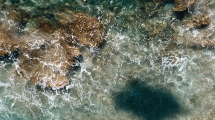 Aerial view of clear ocean water revealing rocks beneath, with foamy waves creating a dynamic texture on the surface.