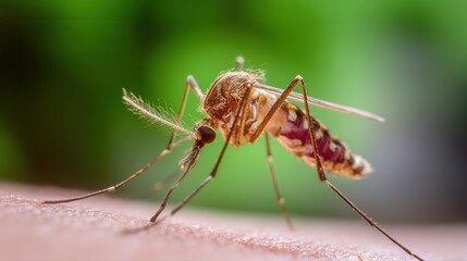 A close-up view of a mosquito feeding, showcasing its detailed features against a blurred, green background.