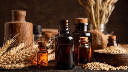 A collection of glass bottles filled with natural oils, surrounded by wheat, oats, and rustic elements, creating a warm, earthy aesthetic.