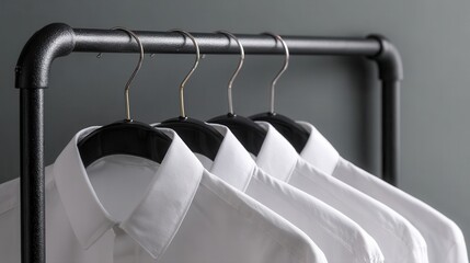 Four neatly pressed white shirts hanging on a black rack against a muted gray background, showcasing simplicity and elegance in clothing presentation.