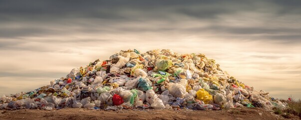 A large mound of colorful plastic waste under a cloudy sky, highlighting environmental pollution and waste management issues.