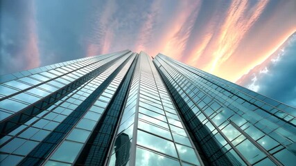 Illustration of a lowangle shot of a modern glass skyscraper reflecting a vibrant sunset, symbolizing corporate success, architectural marvel, and urban development 4k hd video download - Powered by Adobe