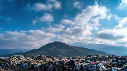 A striking landscape of a trash dump under a cloudy sky, showcasing the contrast between nature and pollution.