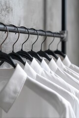 A row of neatly hung white shirts on black hangers against a textured gray wall, showcasing a minimalist and organized aesthetic.