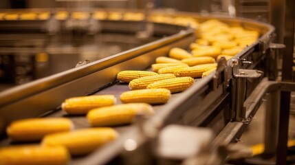 A close-up view of corn cobs on a conveyor belt in a processing facility, showcasing the machinery involved in food production.
