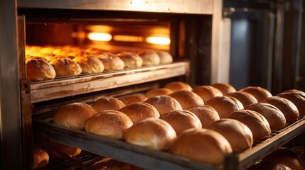 Warm, golden-brown bread rolls are baking in an industrial oven, showcasing the art of baking and the delicious texture of freshly made bread.