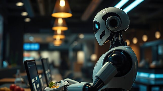 Robot working at cafe with night.