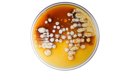 A petri dish filled with culture growth showcasing various microbial colonies in distinct shapes and colors, illustrating microbial activity.
