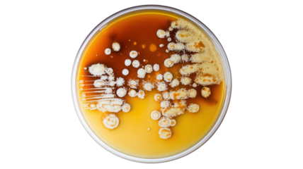 A petri dish filled with culture growth showcasing various microbial colonies in distinct shapes and colors, illustrating microbial activity.