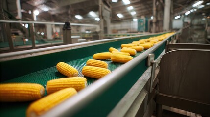 A conveyor belt filled with bright yellow corn cobs in a processing facility, showcasing the agricultural industry at work.