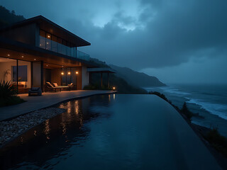 Luxury coastal villa with infinity pool overlooking ocean at dusk, serene atmosphere, perfect for travel and leisure, modern architecture