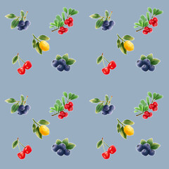 Illustration of a group of berries and lemons on a grey background. Cute seamless pattern for posters, wallpapers, fabrics and gift wraps.
