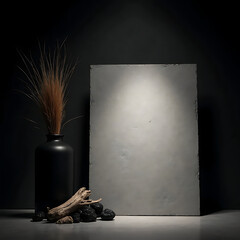 Minimalist black vase with dried grass, textured backdrop, and natural elements, perfect for art, design, and product display