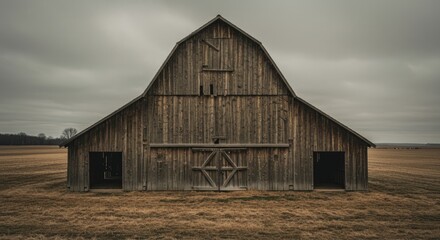 Obraz premium Rustic Wooden Barn in a Dry Field Under Cloudy Sky