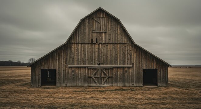 Rustic Wooden Barn in a Dry Field Under Cloudy Sky