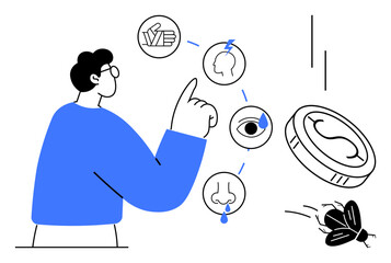 Person pointing to visualized sensory icons representing touch, hearing, sight, smell, and taste with linked elements. Ideal for education, sensory learning, communication, awareness biology mental