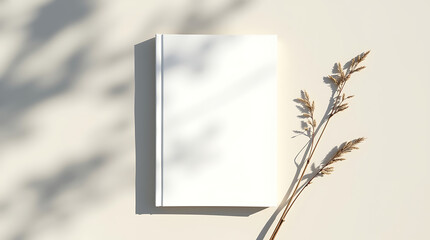 Blank white book cover mockup bathed in soft dappled sunlight, perfect for your custom design, branding, or artistic presentation.