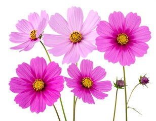 Obraz premium Five pink cosmos flowers and buds on stems against a white background