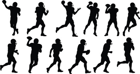 American football quarterback silhouette, throwing motion, helmeted player, sports action pose, black figure, isolated athlete, dynamic movement, competitive game
