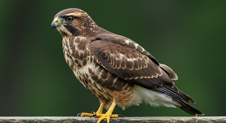 Fototapeta premium Detailed portrait of a brown and white bird of prey against green background