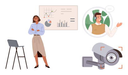 Confident woman stands near data chart, security camera captures footage, and customer support agent communicates virtually. Ideal for technology, business, analytics, communication, security